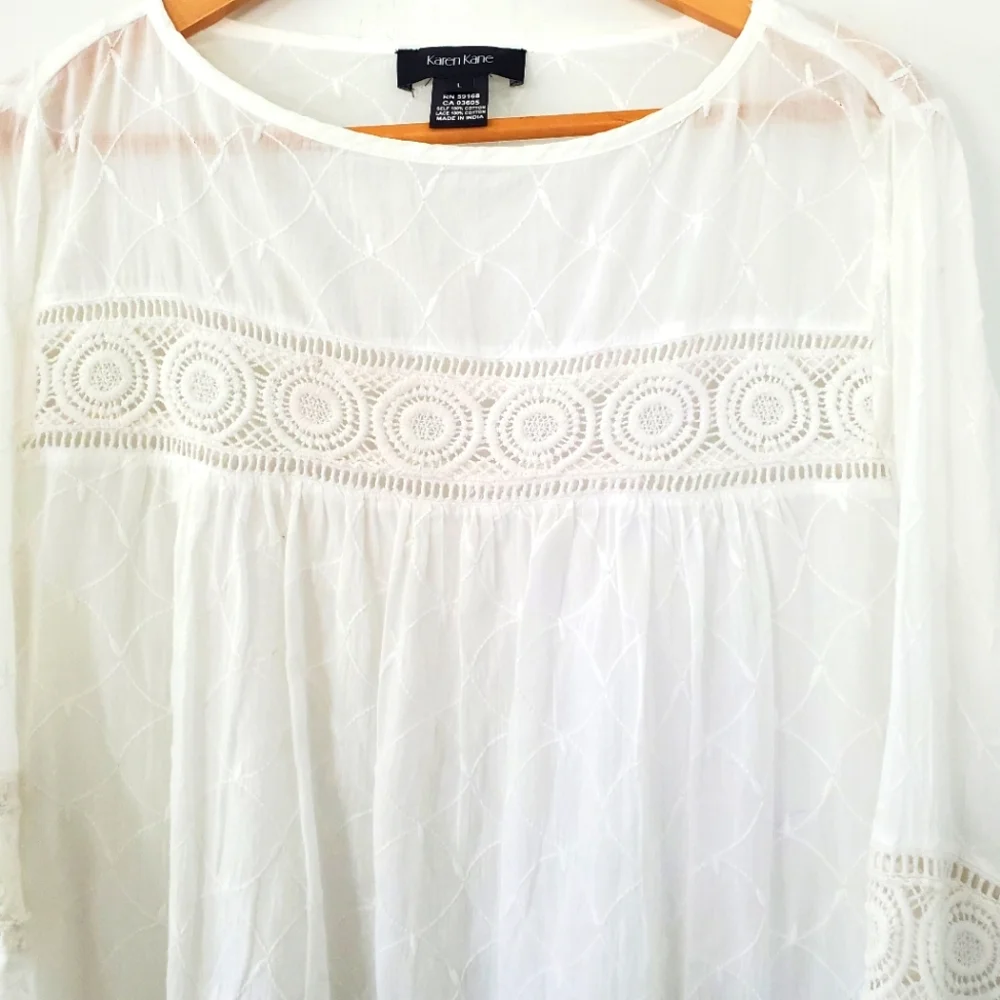 NWT KAREN KANE L White Embroidered Tassel Top Cotton Bell Sleeve Boho Coastal - Picture 7 of 14